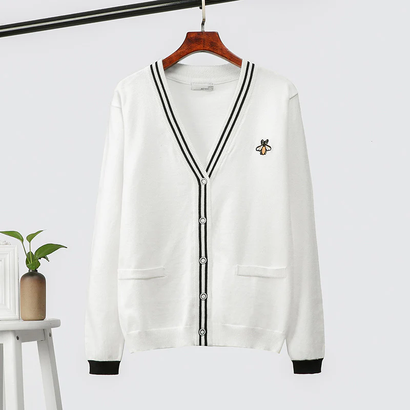 DEANWANGKT High-quality sweater women's new autumn and winter embroidery little bee thick knitted sweater top cardigan jacket in New - Deanwangkt