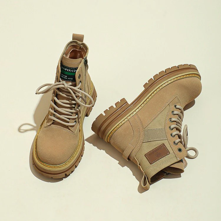 Martin Boots for Women  New Autumn and Winter New Fleece-lined Thick Retro Worker Boot Winter Versatile Yellow Platform Ankle Boots - Deanwangkt