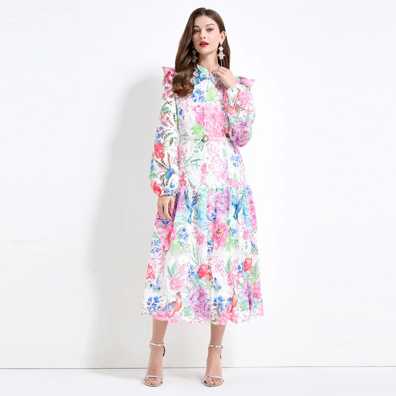 style light luxury celebrity print dress women's summer bubble sleeve hook flower hollow design waist temperament long dress - Deanwangkt
