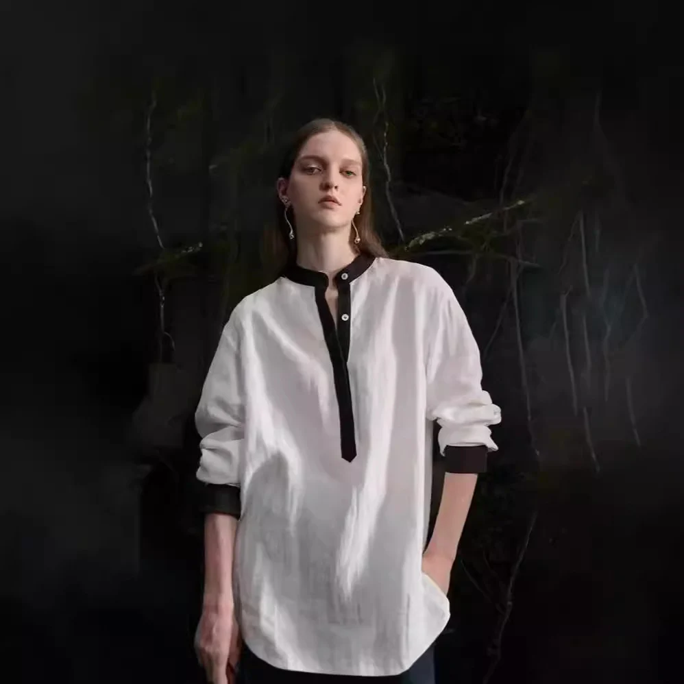 Natural linen top white shirt, summer and autumn style, contrasting edge design stand-up collar loose V-neck shirt B0827 - Deanwangkt