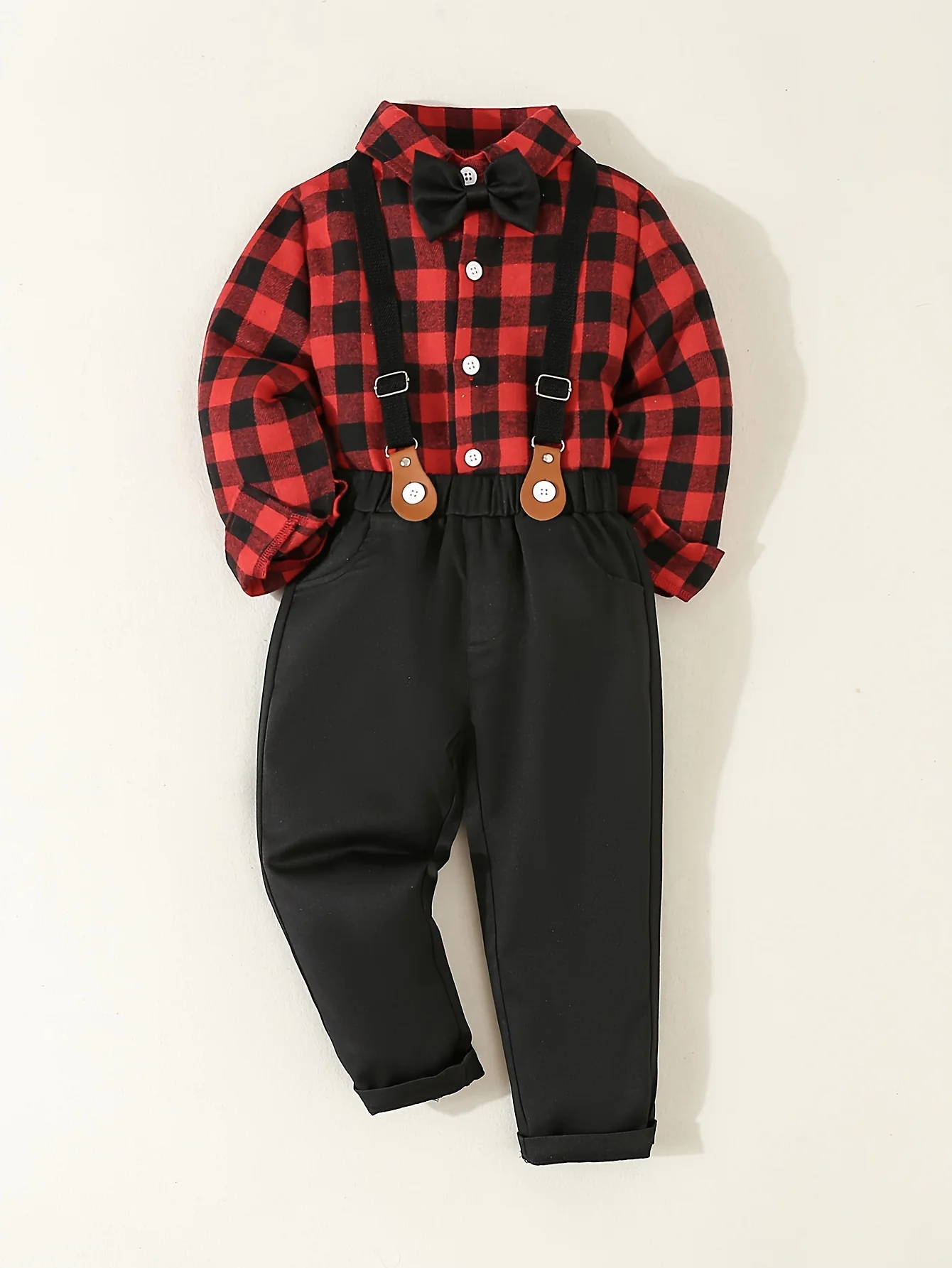 Youngsters's Brother and Sister Set, 1pc Not 2pcs, Please Purchase Boy or Girl Clothes Separately, Single Piece Girl Cute Doll Collar Red Plaid Waistline Long Sleeve Dress, 1 Set Boys Gentleman Suit Plaid Long Sleeve Shirt with Bow Tie + Casual Back - Deanwangkt