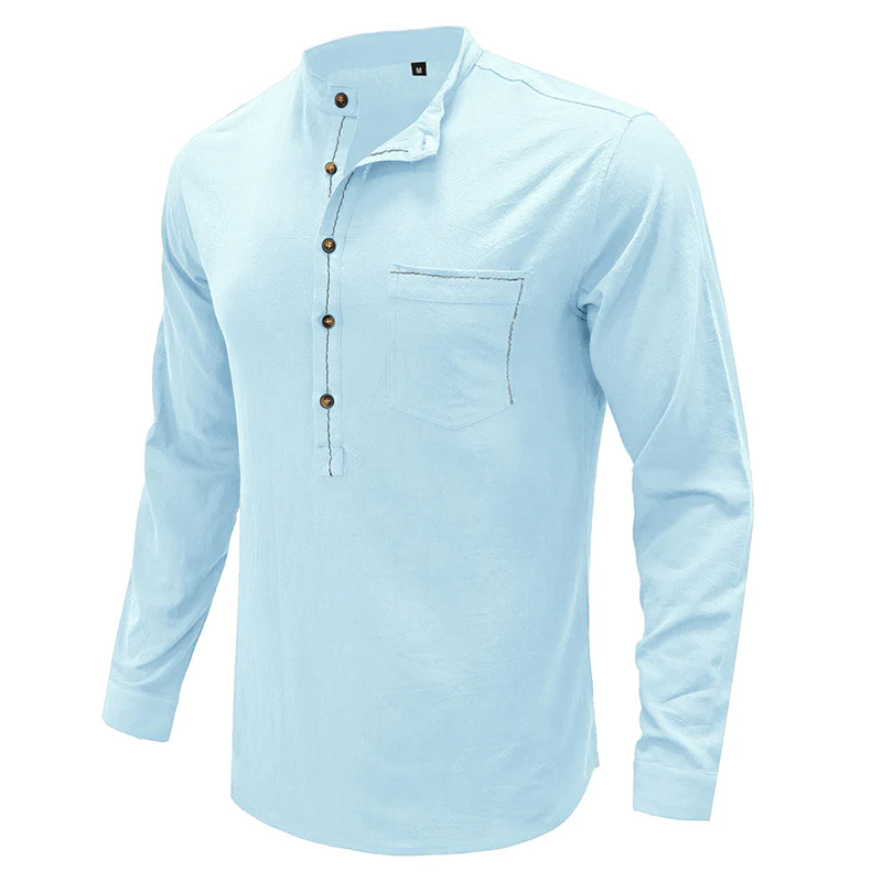 DEANWANGKT 2025 Cross-border men's shirts, autumn and winter  men's stand-up neck cotton and linen shirts, Popular trade long-sleeved Henry neck linen shirts - Deanwangkt