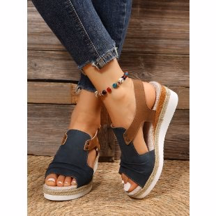 DEANWANGKT  Foreign Trade plus Size Straw High Heel Sandals Women's  New Thick-Soled Peep Toe Roman Shoes Buckle High Heel Women's Sandals - Deanwangkt