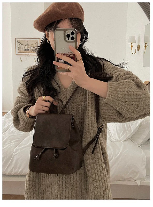 Xiaohongshu Same Style Small Retro Brown Backpack for Women  Spring and Summer New Ins Simple All-Match Shoulder Bag - Deanwangkt