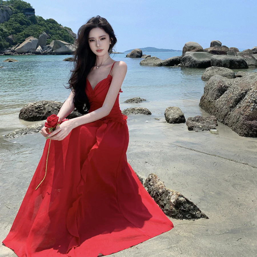 2025 Red holiday wind neck wavy lace V-neck backless dress women's summer super fairy pendulum beach suspender skirt - Deanwangkt