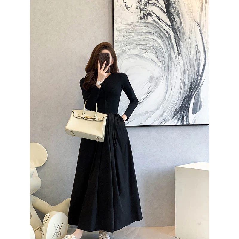 2025 Spot Yi Mengling cos wind long dress versatile new long-sleeved inner knitted waist splicing dress - Deanwangkt