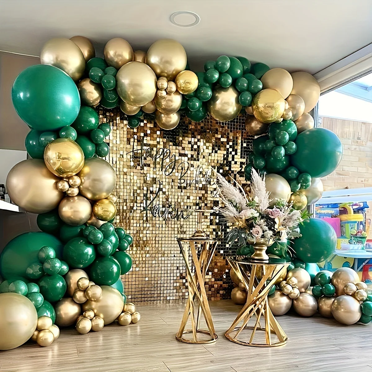 104-PCS Festive Balloon Garland Kit: Deep Forest Green & Metallic Golden Latex Balloons for Multi-Occasion Celebrations - Ages 3+ to 12+ - Deanwangkt