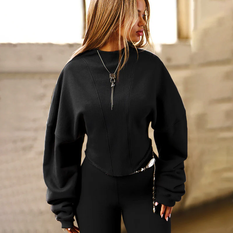 DEANWANGKT Cross-border 2025 women's clothing autumn and winter new solid color round neck loose bat sleeve pit strip splicing open button top T-shirt women - Deanwangkt