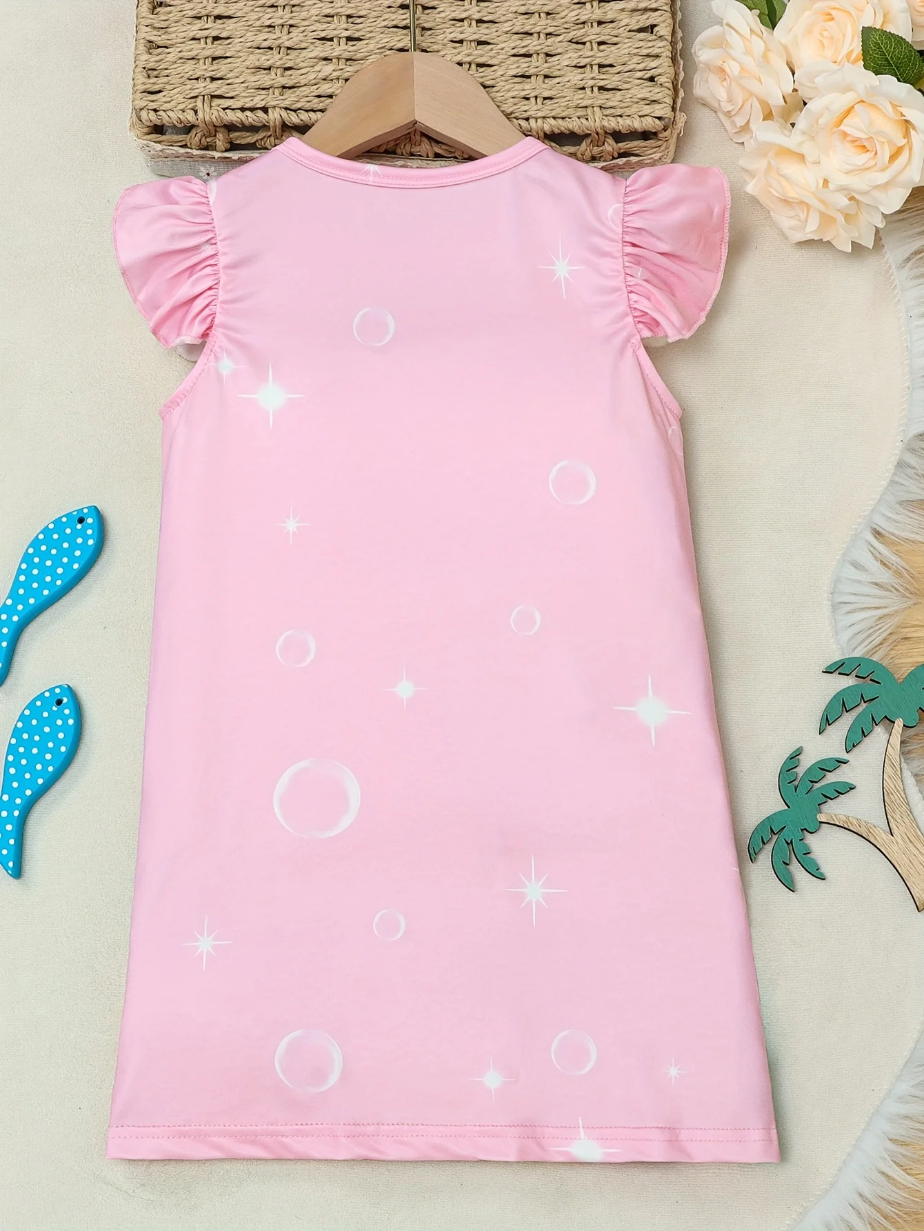 Girls Cartoon Mermaid Graphic Flutter Trim Crew Neck Knitted T-shirt Dress for Summer Party - Soft Slight Stretch Fabric, Machine Washable, Regular Fit, Portrait Pattern, Casual Style - Deanwangkt