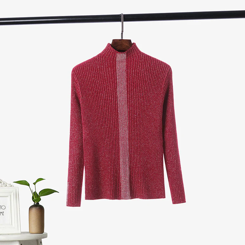 DEANWANGKT Semi-turtleneck thick knitted sweater women's long-sleeved autumn and winter new hot diamond pullover slim-fitting versatile bottoming shirt top - Deanwangkt