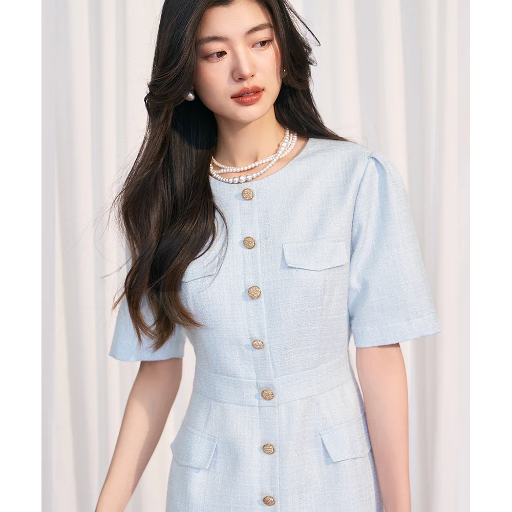 [Shengdu] 24 Spring and Summer New  Socialite Gentle Advanced Sweet Beauty Blue Classic Style Short Sleeve Dress - Deanwangkt