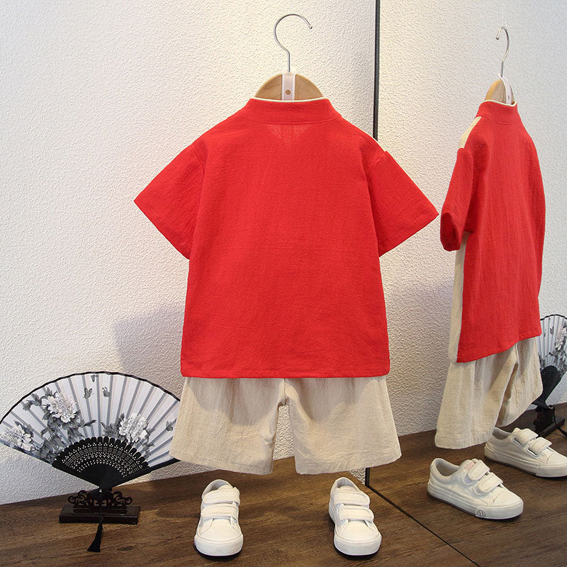 Children's Summer Boys and Girls Han Chinese Costume Tang Costume Republic of China Style Antique Style Suit Primary School Children's Retro Performance Costumes - Deanwangkt