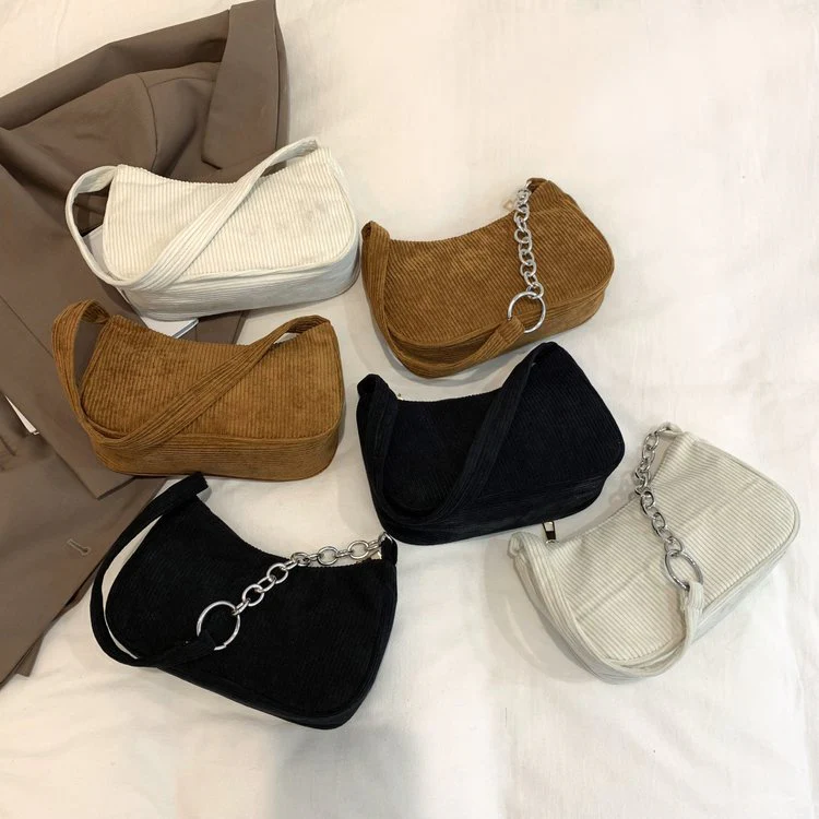 Autumn and Winter New Portable Small Square Bag Plush One-Shoulder Fashion Retro Corduroy Underarm Baguette Bag Handbag - Deanwangkt