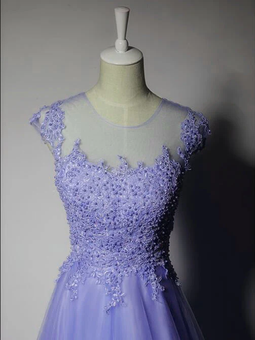 Solvbao Cute Purple Tulle A-line Bridesmaid Dress, Lace Applique Prom Dress - Deanwangkt