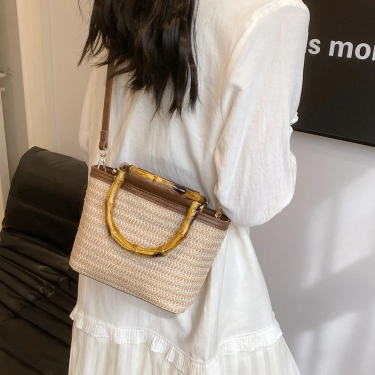 DEANWANGKT 2025 Straw bag woven portable bucket bag women's  new summer versatile messenger bag seaside vacation beach straw bag - Deanwangkt