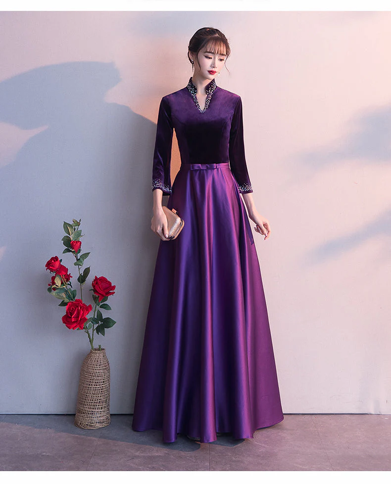 Solvbao Dark Purple Satin Long Sleeves Beaded Velvet Bridesmaid Dress, Purple Formal Dress - Deanwangkt