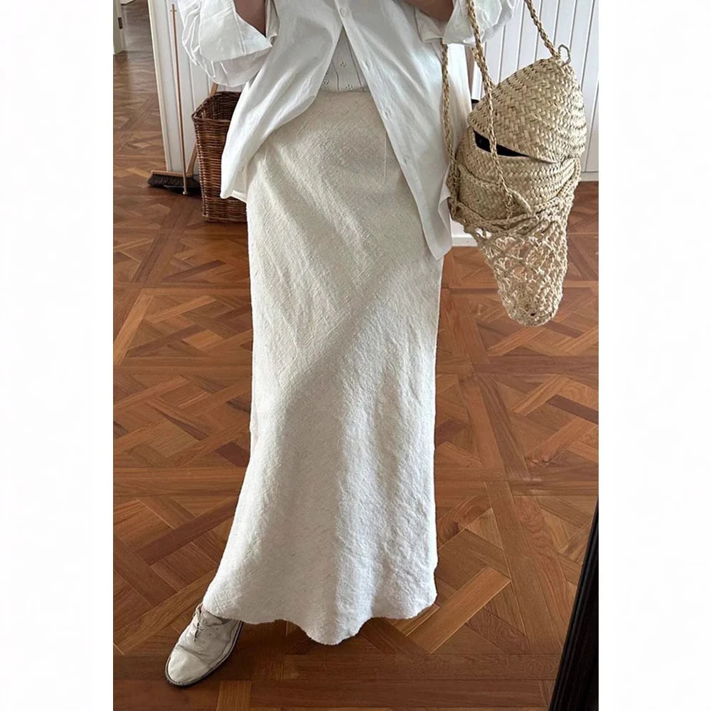 Siyuan,  thin oblique cut linen imported double-layer rubber band fishtail medium and long skirt women 7544 - Deanwangkt