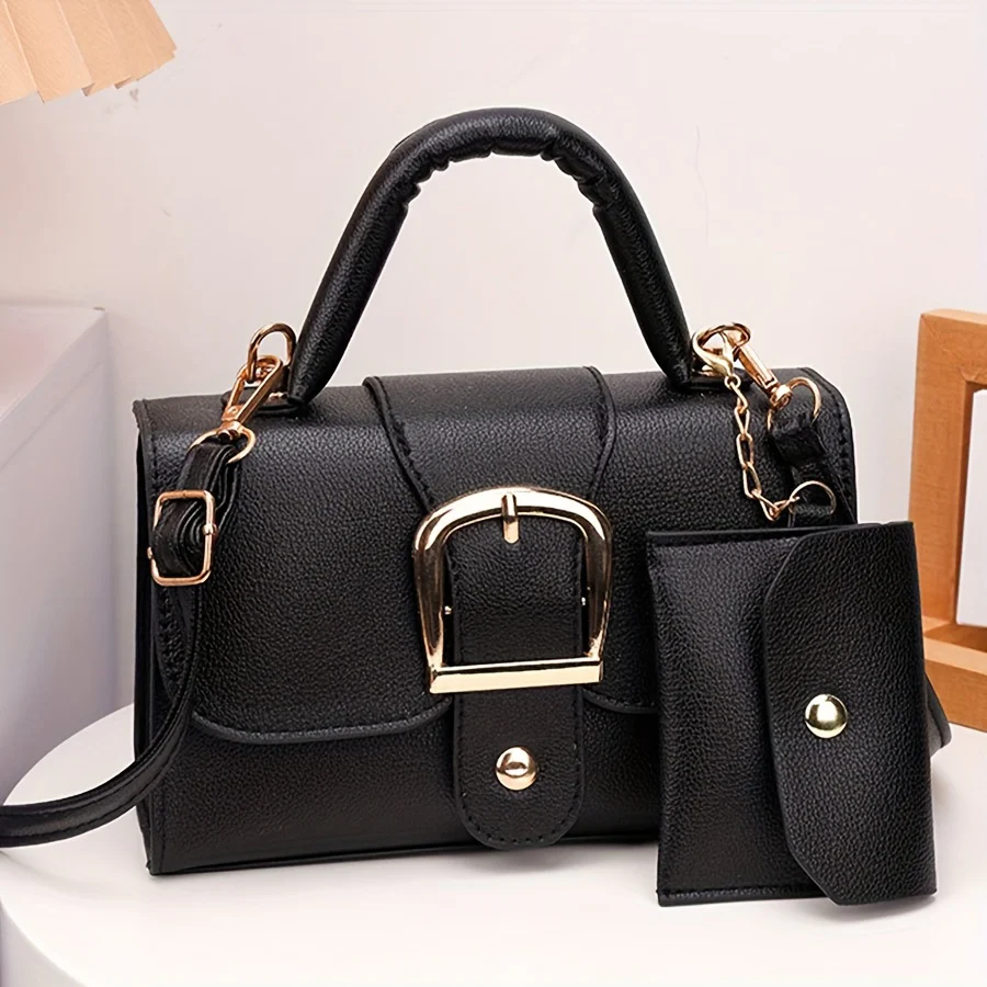 Mini Square PU Leather Crossbody Shoulder Bag - Buckle Closure, Solid Color, Unlined, Retro Trendy Chic Design with Mini Card Holder - Stylish and Compact Top-Handle Purse for Women - Deanwangkt