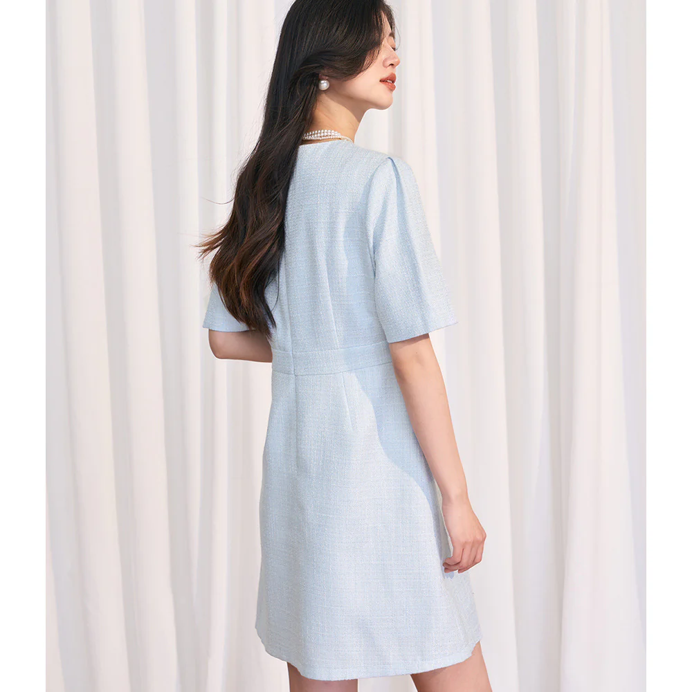 [Shengdu] 24 Spring and Summer New  Socialite Gentle Advanced Sweet Beauty Blue Classic Style Short Sleeve Dress - Deanwangkt