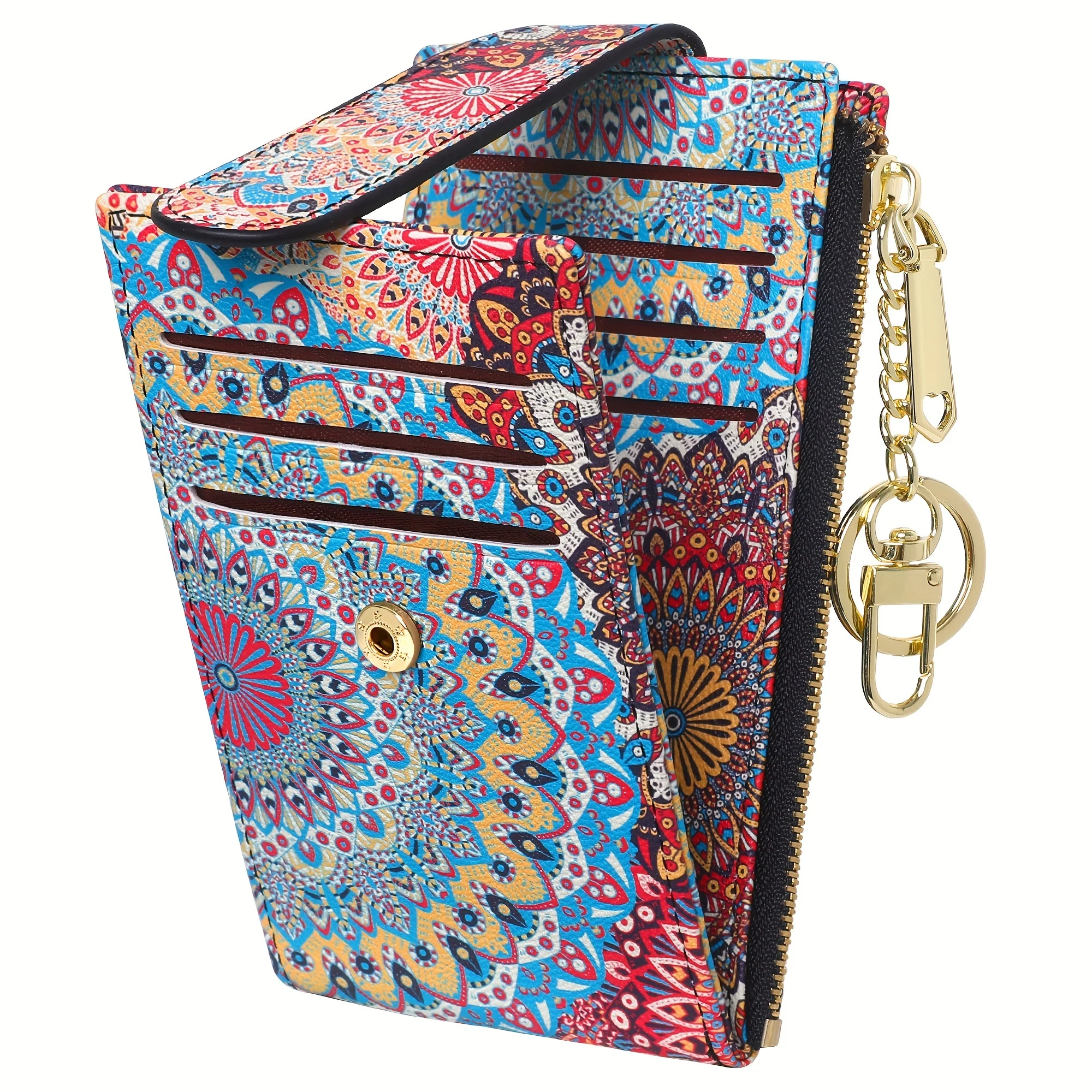 Slim RFID Blocking Bifold Wallet for Women - Secure Credit Card Holder with Zipper Closure, Multiple Slit Pockets, Polyester Lining, and Keychain - Casual, Random Printing Design, PU Material - Deanwangkt