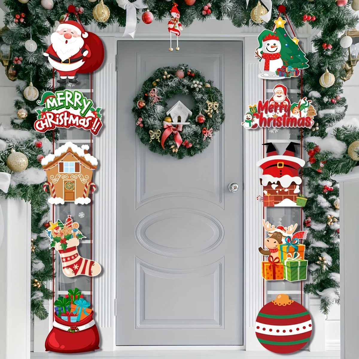 10pcs Christmas Party Decor Set - Festive Snowman & Socks Door Hangings, Polyester, No Batteries Required - Deanwangkt