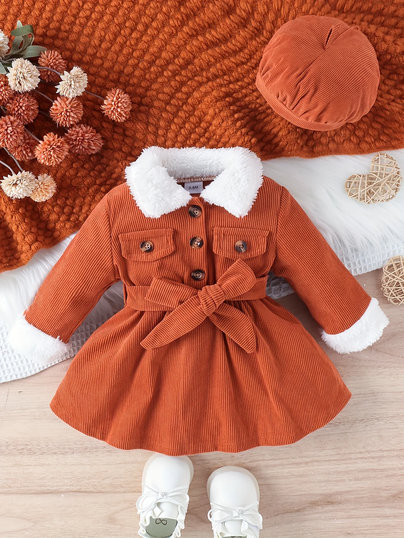 3-piece Set Infant Girl Fashion Dress with Fur Collar, Solid Color, Long-sleeved + Hat & Belt - Deanwangkt