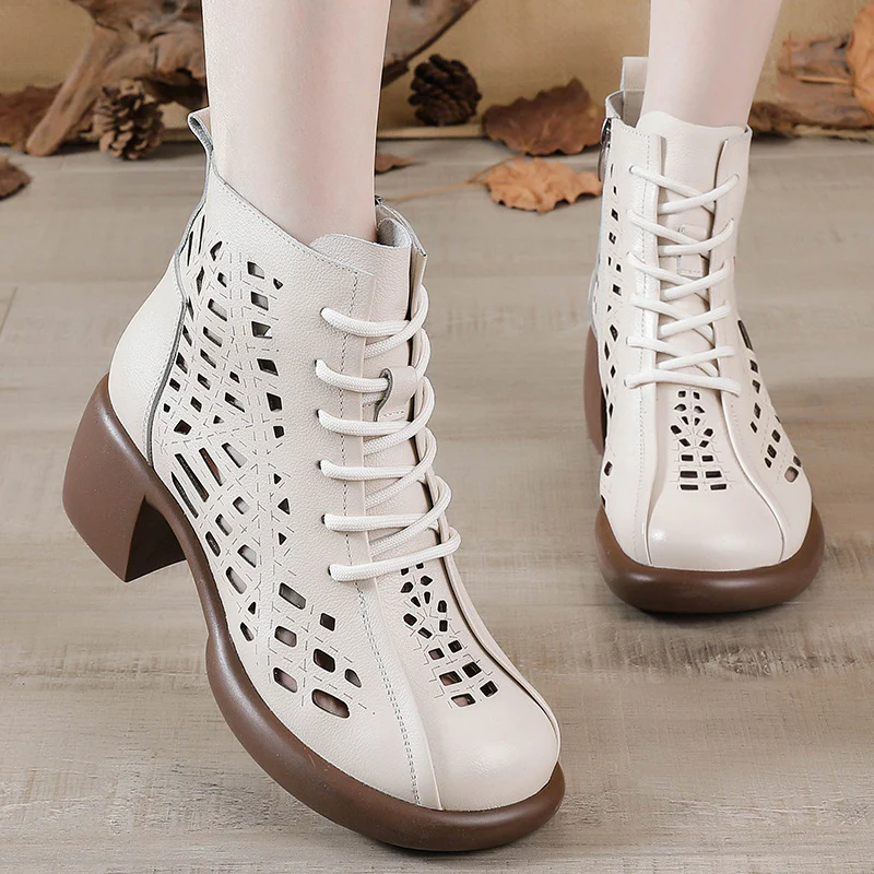 First Layer Cowhide Spring Summer Chunky Heel Martin Boots Women's Retro High Heel Hollow Boots Thick-Soled Leather Sandal Boots Hole Shoes - Deanwangkt