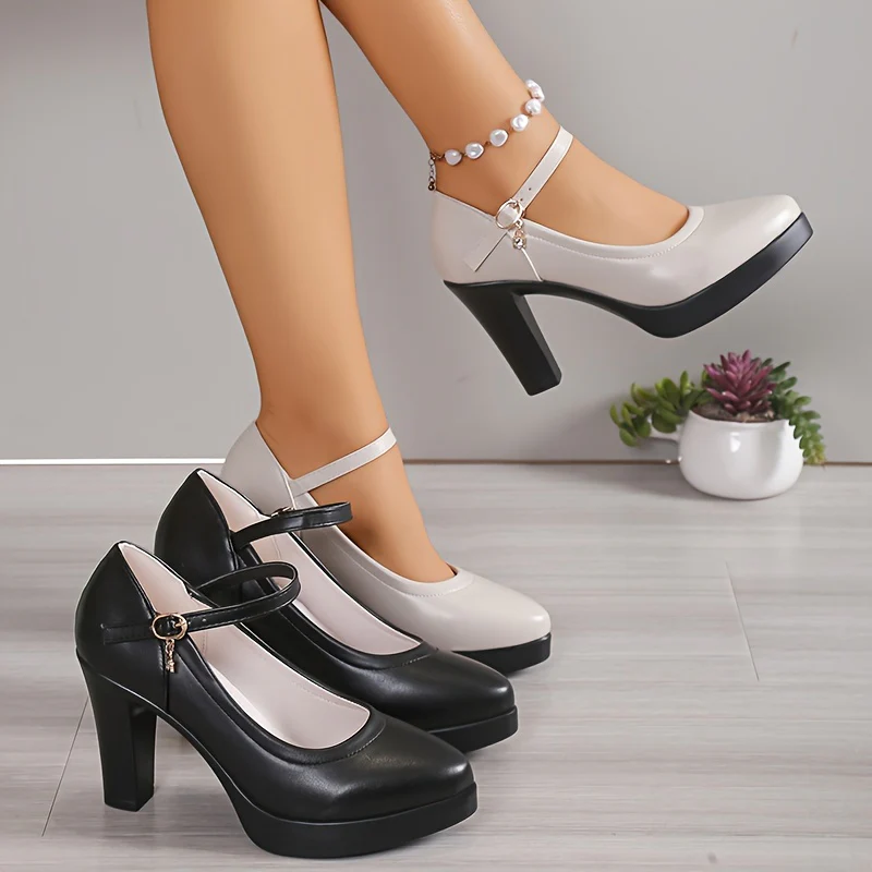 deanwangkt  Women's Chunky High Heels, Faux Leather Pointed Toe Ankle Strap Mary Jane Heels, All-Match Dress Shoes - Deanwangkt