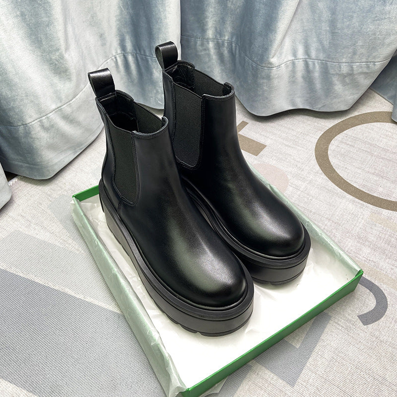 Grape Mom Studiolee Stretch Leather One Pedal Raise the Bottom round Toe Chelsea Short Boots for Women Summer and Autumn - Deanwangkt