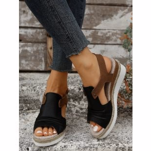 DEANWANGKT  Foreign Trade plus Size Straw High Heel Sandals Women's  New Thick-Soled Peep Toe Roman Shoes Buckle High Heel Women's Sandals - Deanwangkt