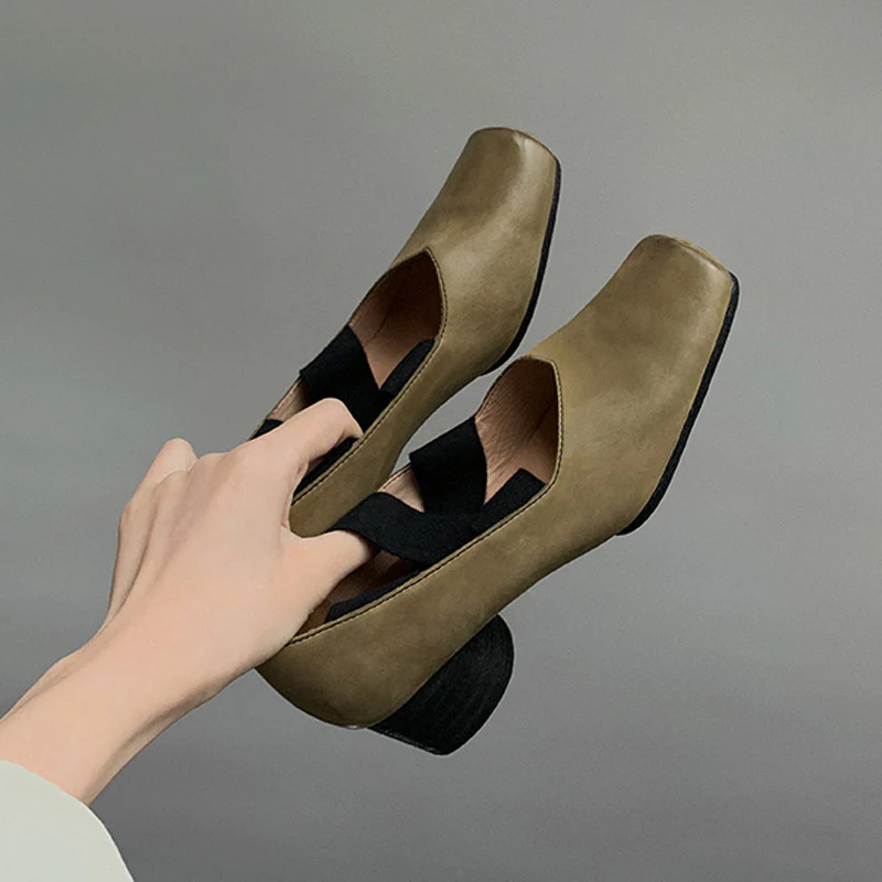 DEANWANGKT  Genuine Leather Mary Jane Pumps Autumn and Winter Retro Cross Belt Square Toe Comfortable Chunky Heel High Heel Pig Nose Ballet Shoes - Deanwangkt