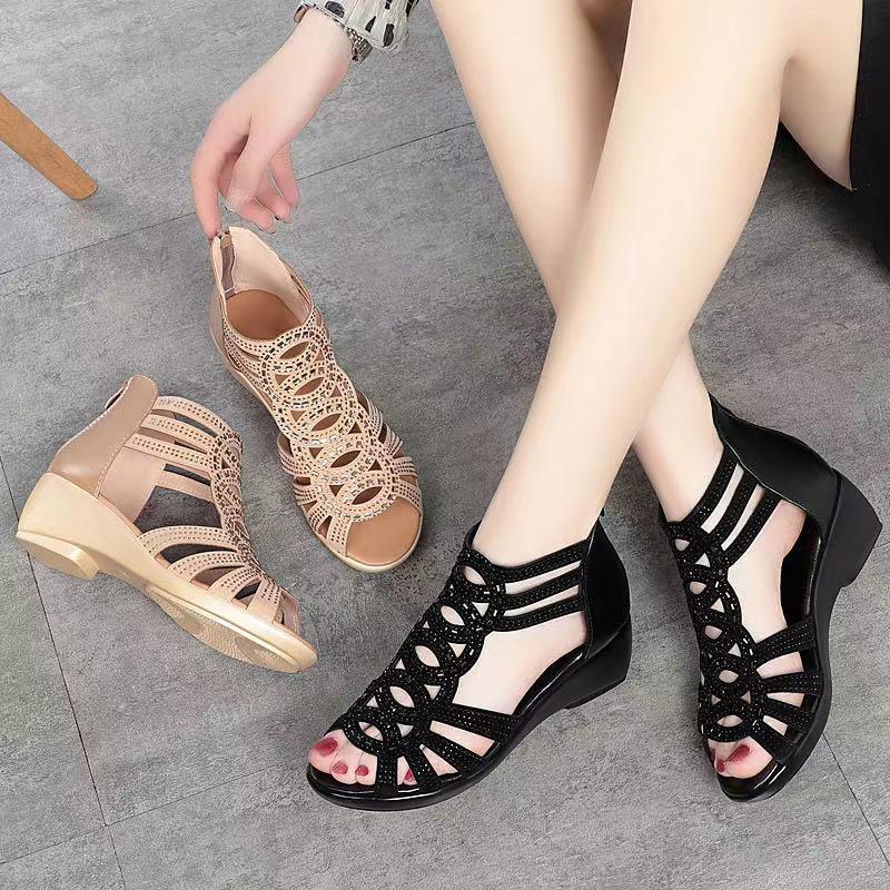 DEANWANGKT  Wholesale Soft Leather Roman Sandals Women's Summer 2022 New Soft Bottom Mom Shoes Fashion Outerwear Women's Sandals Wedge Women's Sandals - Deanwangkt