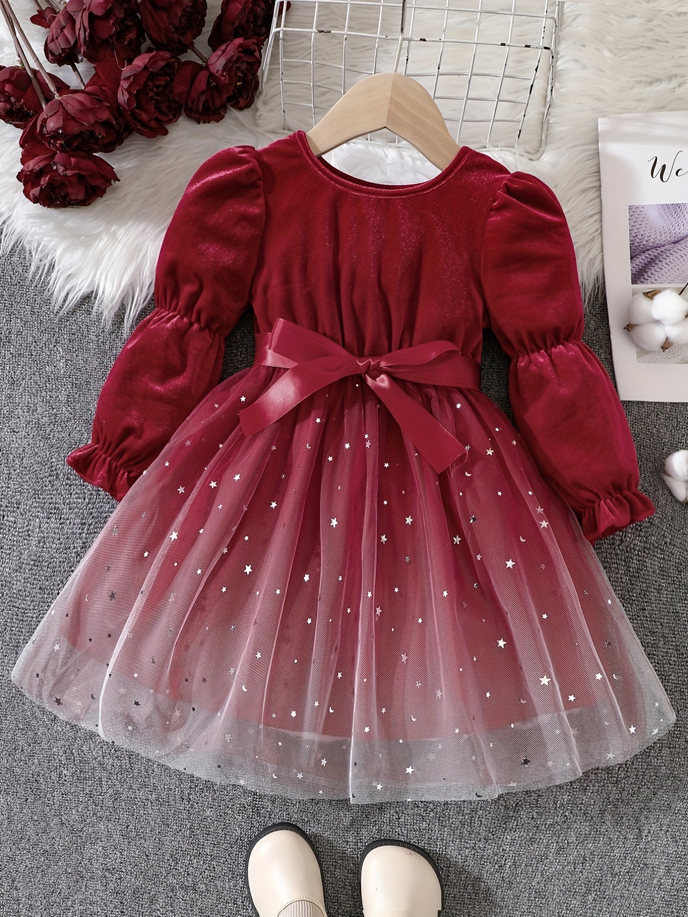 Girls' Gradient Mesh Christmas Velvet Stitching Lace-up Princess Dress For Autumn And Winter - Deanwangkt