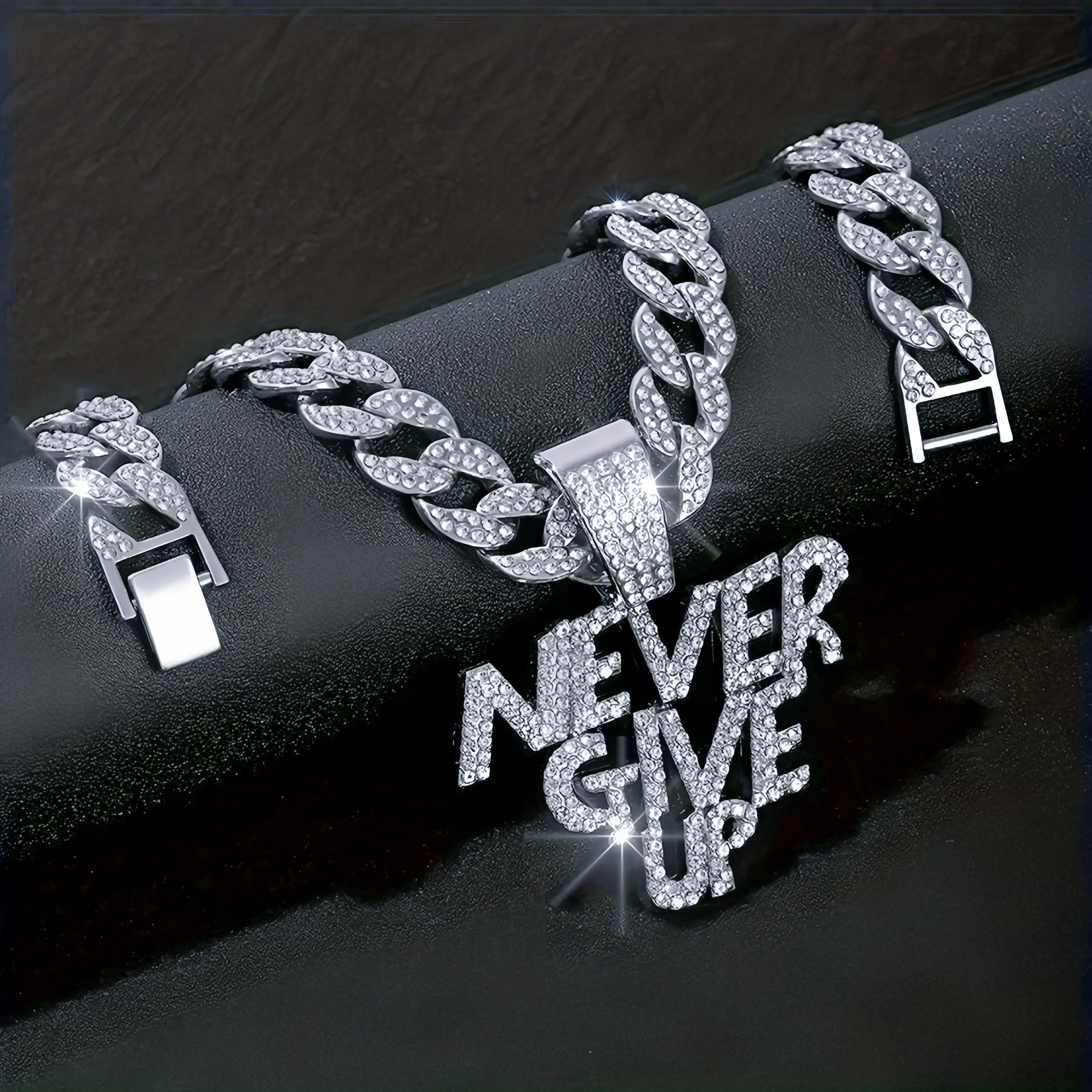 Never give up pendant hip hop Cuban chain necklace, chain length 18in wide 0.59in, gift box - Deanwangkt