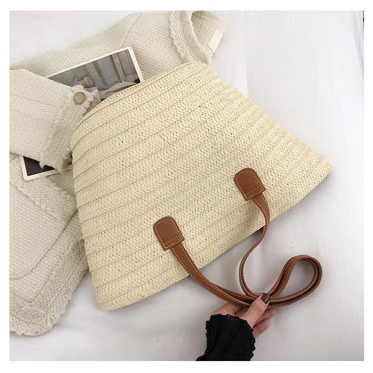 New Paper Braid Woven Bag Women's Bag Large Capacity Straw Bag Seaside Vacation Simple Beach Bag Shoulder Bag Tote Bag - Deanwangkt