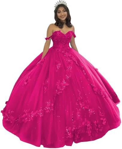 2025Popular, ,   new evening dress one-word shoulder bar mitzvah dress princess dress three-dimensional flower applique dress - Deanwangkt