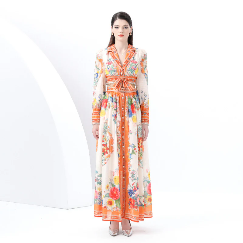 Popular, ,  New women's clothing vacation suit collar lace-up long-sleeved top + long high-waisted skirt - Deanwangkt