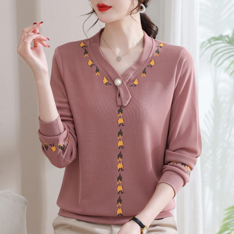 DEANWANGKT  Mom Spring Wear Underwear Long-Sleeved T-shirt  New Middle-Aged and Elderly Women's Clothing Spring and Autumn Western Style Knitted Small Shirt Top - Deanwangkt