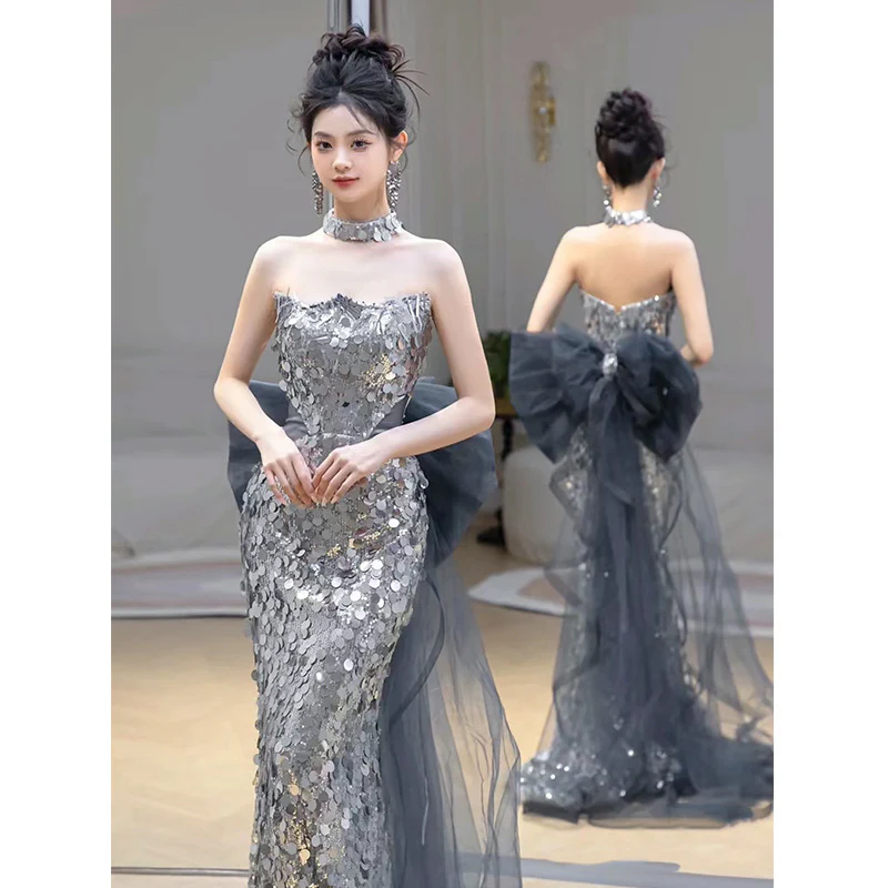 2025 Fishtail banquet evening dress 2025 spring new tube top sequins fishtail fairy temperament fishtail skirt manufacturer supply - Deanwangkt