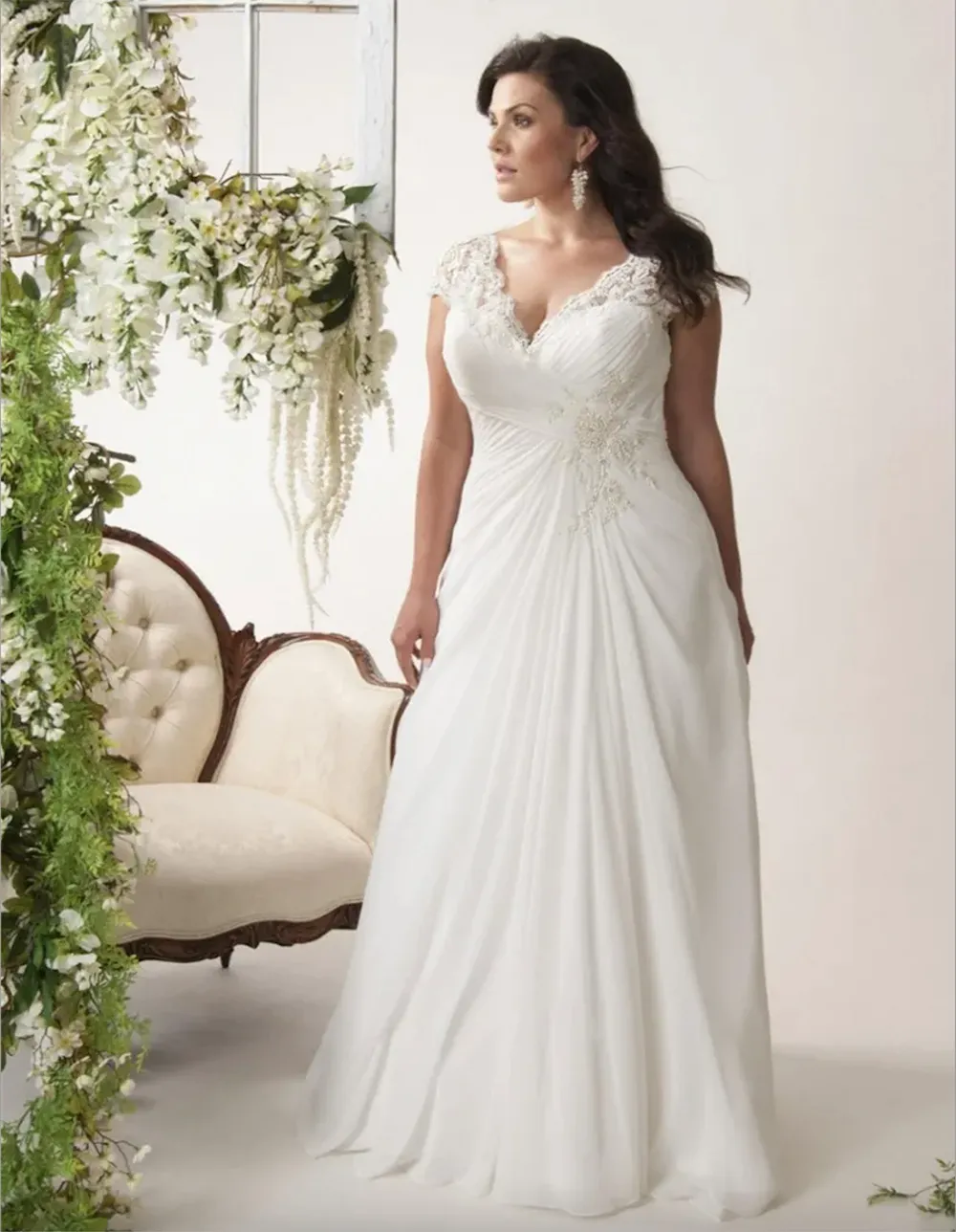 V-neck Cap Sleeves Plus Size Wedding Dresses Chiffon Appliqued Lace Open Back Drape Side Ruched Bodice Bridal Gown - Deanwangkt