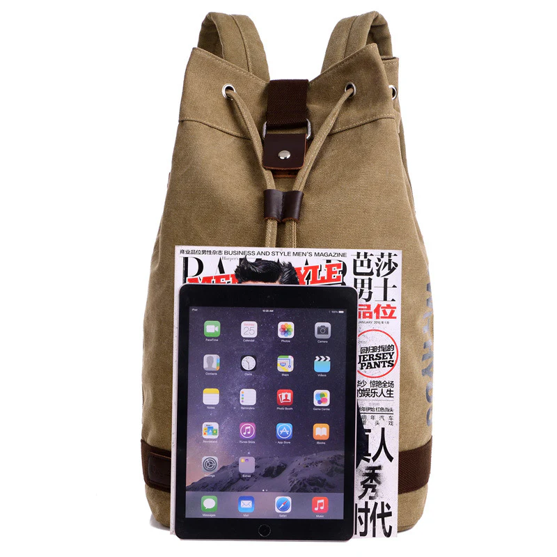 deanwangkt Men's Backpack Canvas All-Match Outdoor Sports Drawstring Bucket Bag Urban College Style Travel Trendy Men Backpack - Deanwangkt