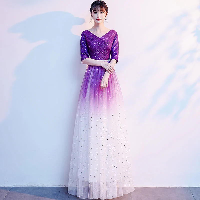 Solvbao Gradient Purple and White V-neckline Short Sleeves Party Dresses, A-line Floor Length Bridesmaid Dress - Deanwangkt
