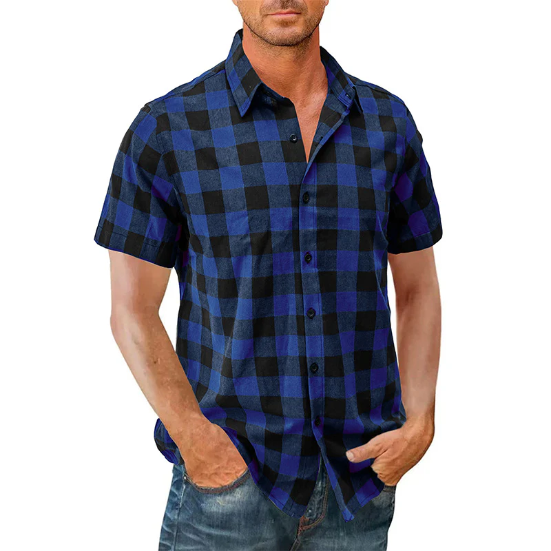 DEANWANGKT 2025 Cross-border men's casual Hawaiian shirt Popular trade men's short-sleeved shirt men's shirt wholesale  plaid shirt - Deanwangkt