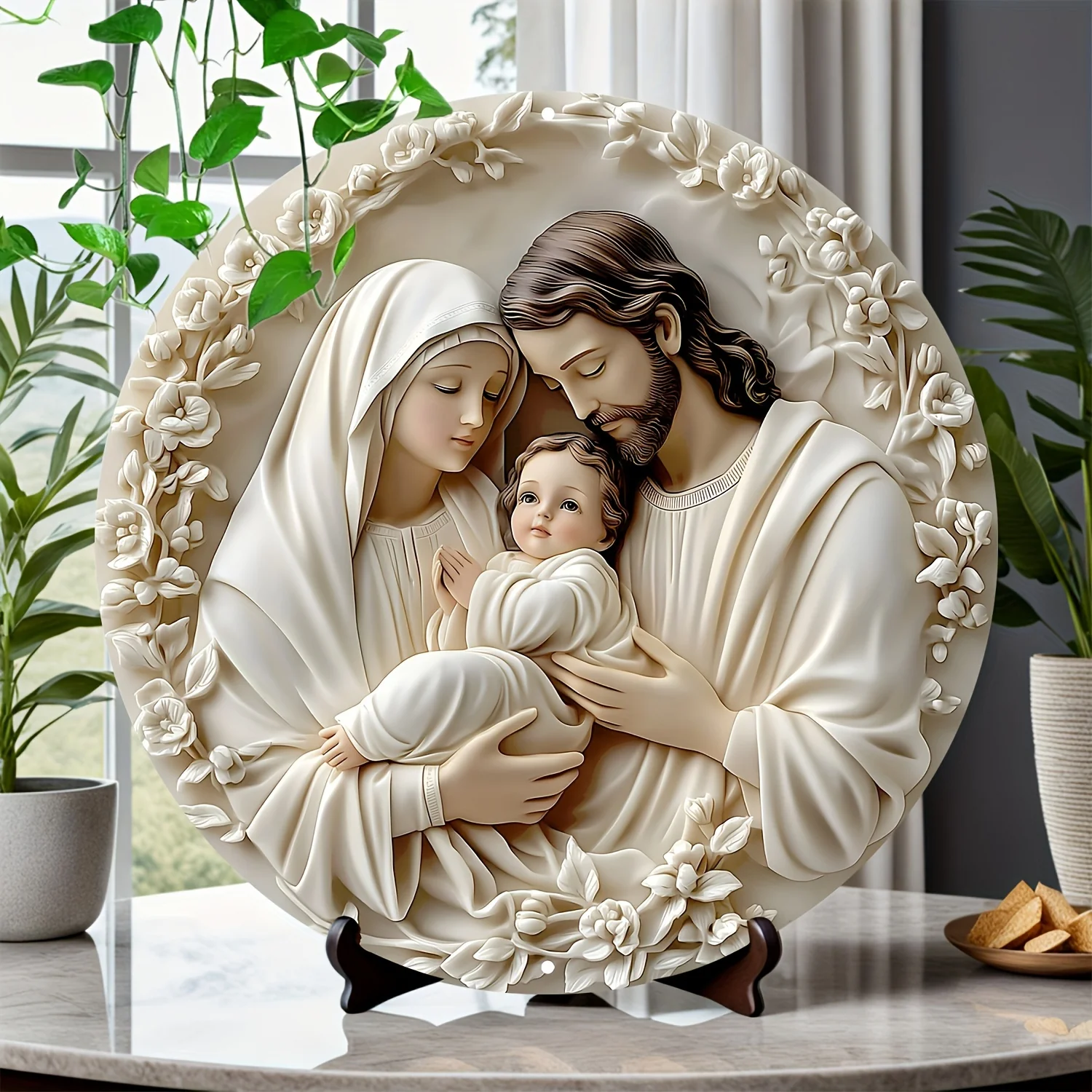 Boho Religious Aluminum Wall Hanging Sign - Sacred Family Metal Art Plaque with Pre-Drilled Holes, HD Printing, Weather Resistant, Textured Multifunctional Decor for Living Room, Bedroom, Bar, Cafe, 8x8 inches - Deanwangkt