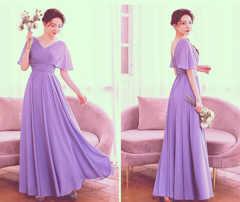 Solvbao Beautiful Light Purple Chiffon V-neckline Prom Dress, A-line Floor Length Bridesmaid Dress - Deanwangkt