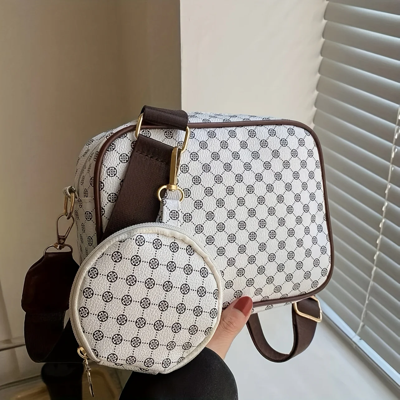 Fashion-forward Geometric Pattern Crossbody Bag - Durable PU Leather Shoulder Bag with Stylish Round Coin Purse for Women - Adjustable & Convenient - Deanwangkt
