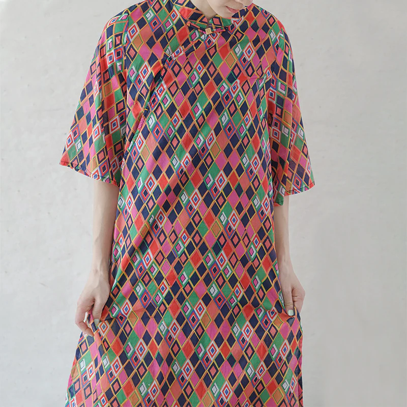 and improved cheongsam Chinese diagonal placket retro Hong Kong style fashionable dress, national style high printing fork cheongsam L21162 - Deanwangkt