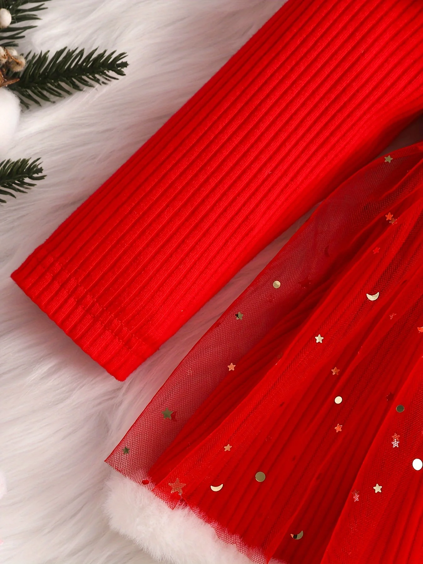 Baby's Christmas Style Fuzzy Trim Ruffled Long Sleeve Romper Dress, Toddler & Infant Girl's Onesie For Winter Festival Party & Outdoor Play - Deanwangkt