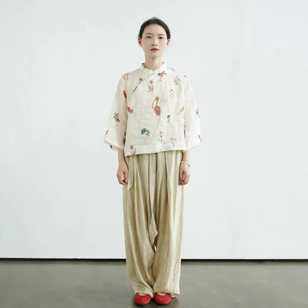 Original tea room new Chinese stand-up collar ramie top, Guochao wide-sleeved digital printed sunshade shirt S25155 - Deanwangkt