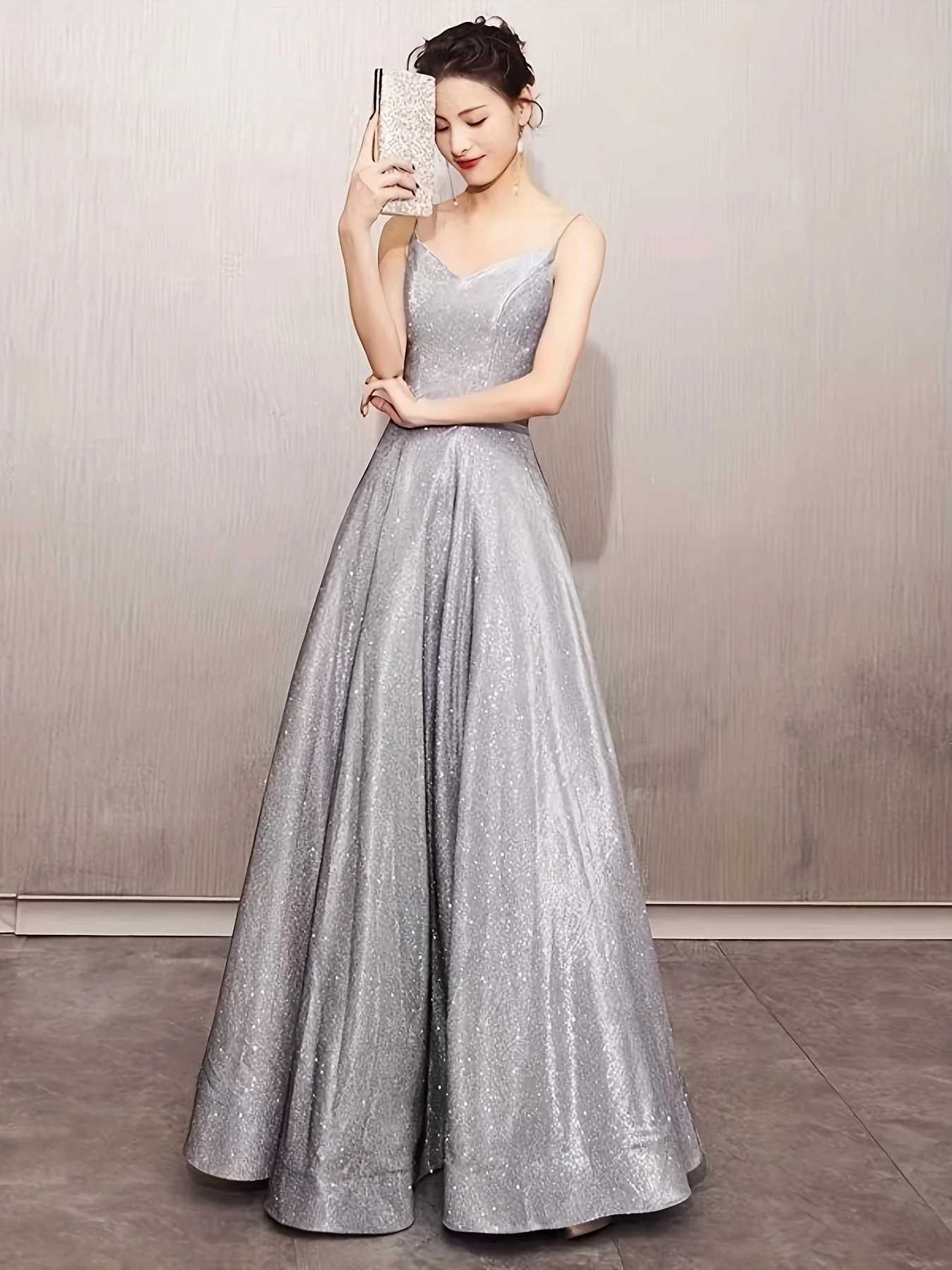 Sparkling V-neck Camisole Dress, Elegant Sleeveless Trumpet Shaped Swing Long Dress, Suitable For Parties And Banquets, Women's Clothing - Deanwangkt